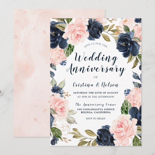 Invitation Anniversaire de mariage de toutes années Rose Navy (Devant / Derrière)