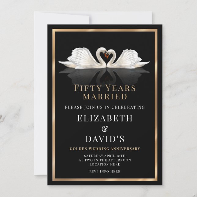 Invitation Anniversaire de mariage d'or - 50 ans, design cygn (Devant)