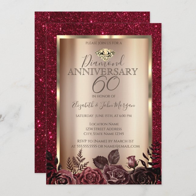 Invitation Anniversaire de mariage élégant des Roses rouges (Devant / Derrière)