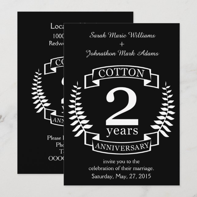 Invitation Anniversaire de mariage en coton 2 ans de mariage (Devant / Derrière)