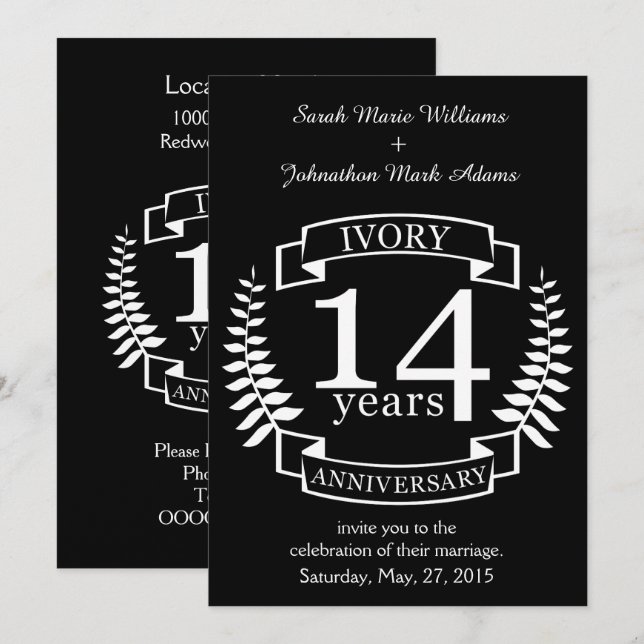Invitation Anniversaire de mariage en ivoire 14 ans (Devant / Derrière)