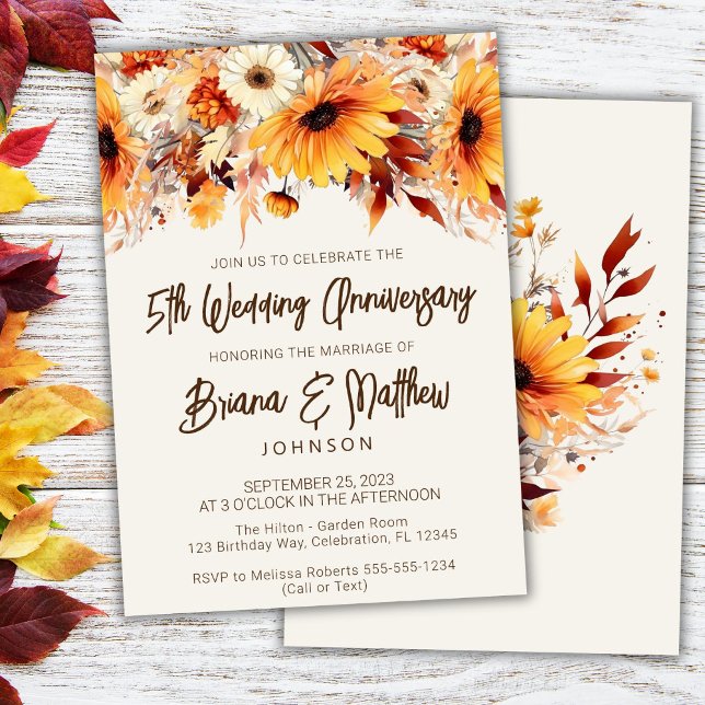 Invitation Anniversaire de mariage Fall Floral Beige 5 ans  (Créateur téléchargé)
