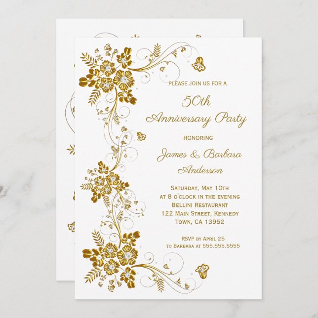 Invitation Anniversaire de mariage or diamant floral blanc (Devant / Derrière)