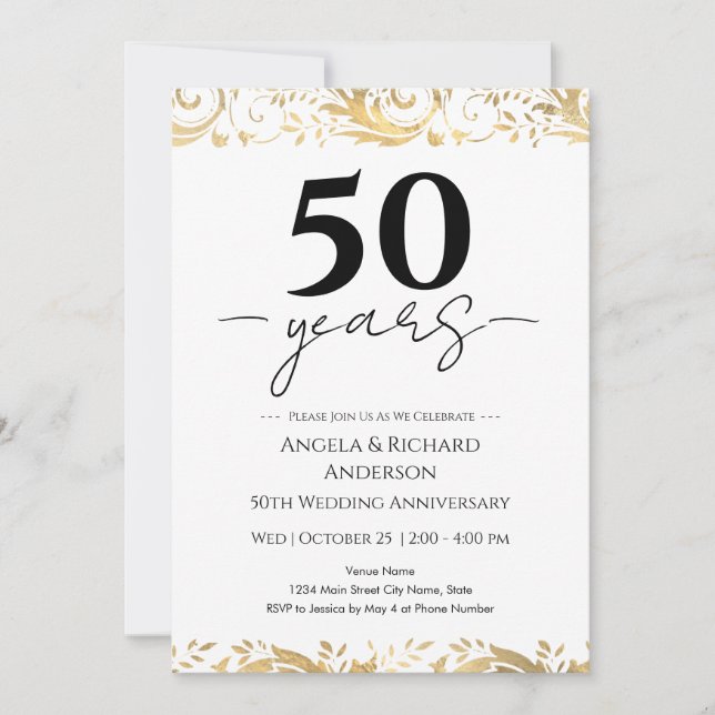 Invitation anniversaire de mariage or noir 50 ans (Devant)