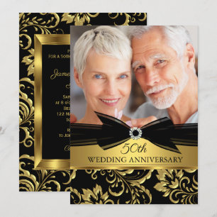 Invitation Anniversaire de mariage Photo Black Gold Damask
