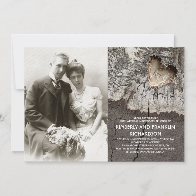 Invitation Anniversaire de mariage photo en bois rustique cœu (Devant)