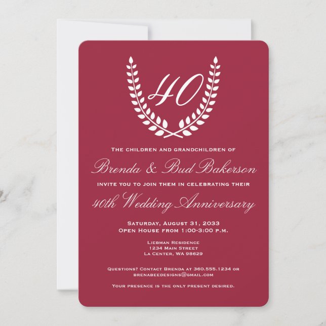 Invitation Anniversaire de mariage - Rouge rubis avec laurier (Devant)