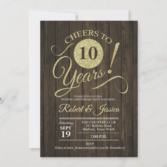 Invitation Anniversaire de mariage rustique 10 ans - Bois dor (Devant)