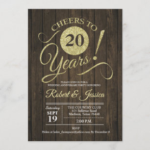 Invitation Anniversaire de mariage rustique 20 ans - Bois dor