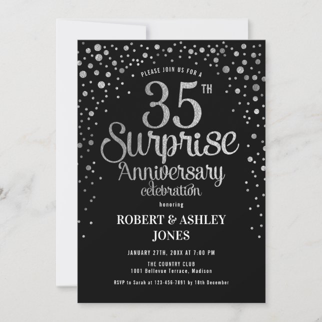 Invitation Anniversaire de mariage surprise 35 ans - Noir et  (Devant)