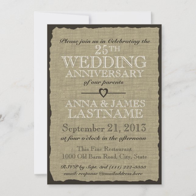 Invitation Anniversaire de Mariage Toile Burlap Rustique (Devant)