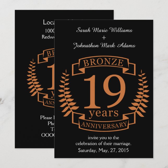 Invitation Anniversaire de mariage traditionnel en bronze 19  (Devant / Derrière)
