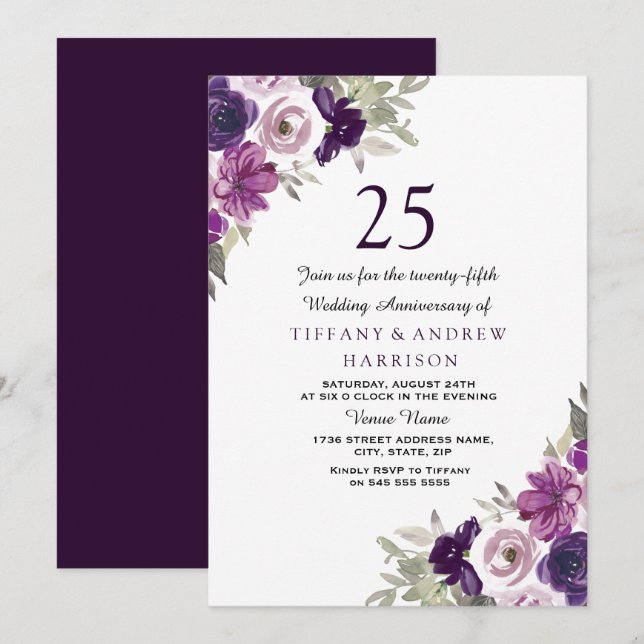 Invitation Anniversaire de mariage Violet Floral Pourpre 25 a (Devant / Derrière)
