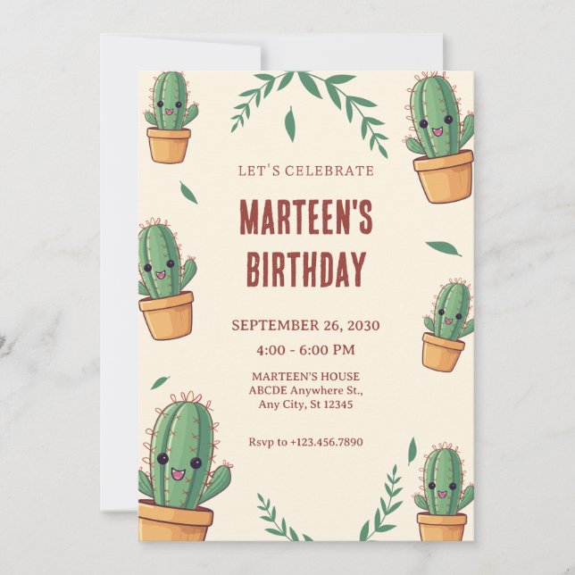 Invitation Anniversaire de mignonne Cactus (Devant)