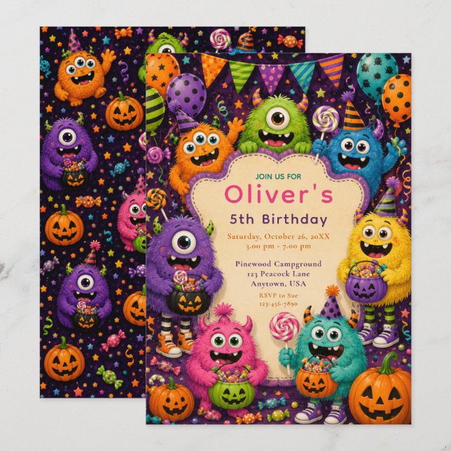 Invitation Anniversaire de monstre d'Halloween coloré (Devant / Derrière)