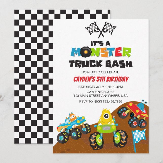 Invitation anniversaire de monstres de Monster Truck (Devant / Derrière)
