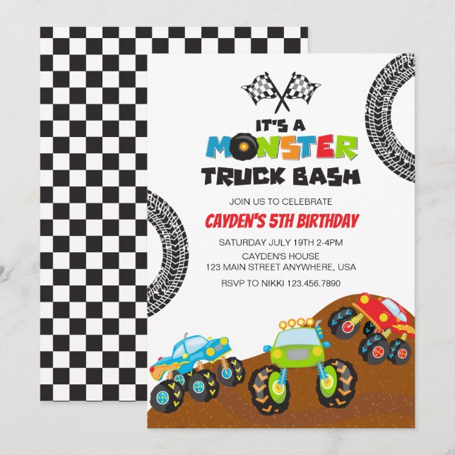 Invitation anniversaire de monstres de Monster Truck (Devant / Derrière)