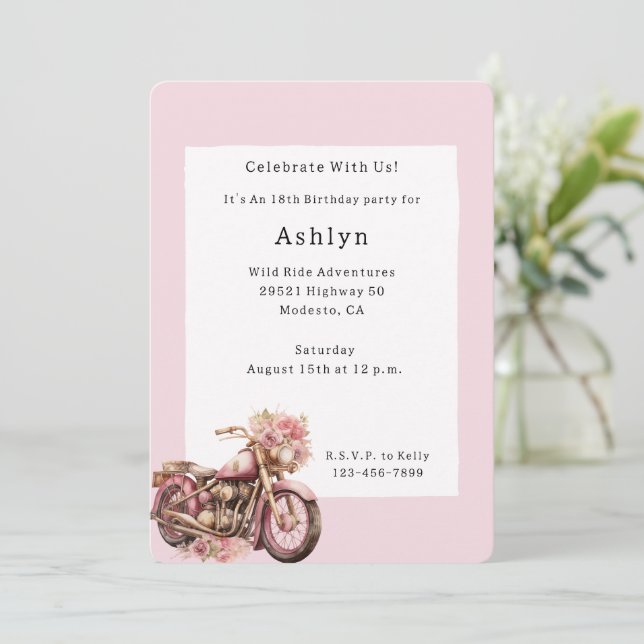 Invitation Anniversaire de moto florale rose   (Debout devant)