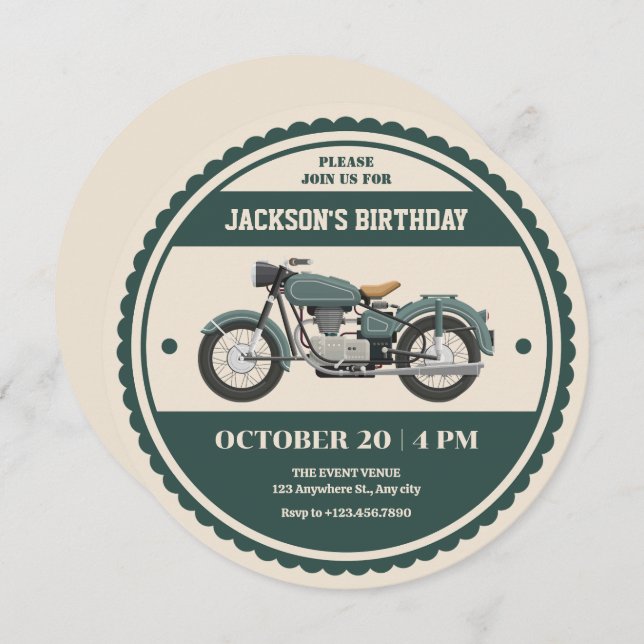 Invitation Anniversaire de moto verte rétro vintage classique (Devant / Derrière)
