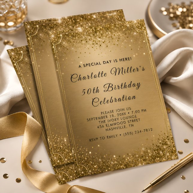 Invitation Anniversaire de Naissance Élégant Paillettes Dorée (Créateur téléchargé)