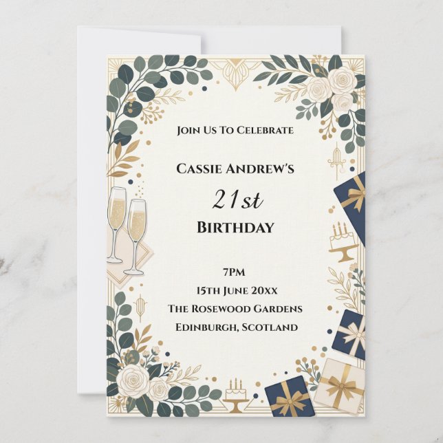 Invitation Anniversaire de naissance étape Navy Or Botanique (Devant)