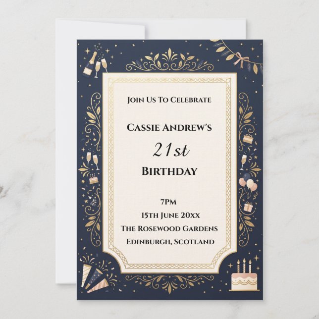 Invitation Anniversaire de naissance jalon botanique Or Navy (Devant)