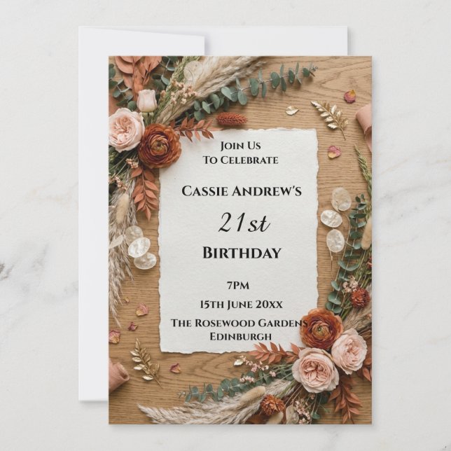Invitation Anniversaire de Naissance Jalonnement Floral Rusti (Devant)