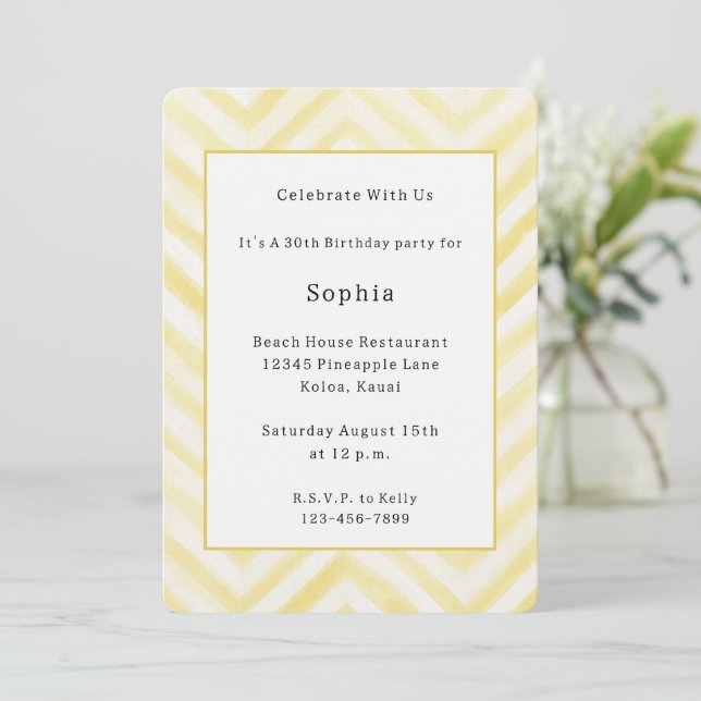Invitation Anniversaire de naissance rayures zigzag jaune (Debout devant)