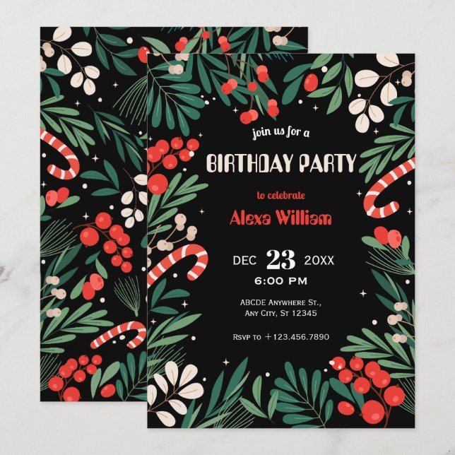 Invitation Anniversaire de Noël floral noir (Devant / Derrière)