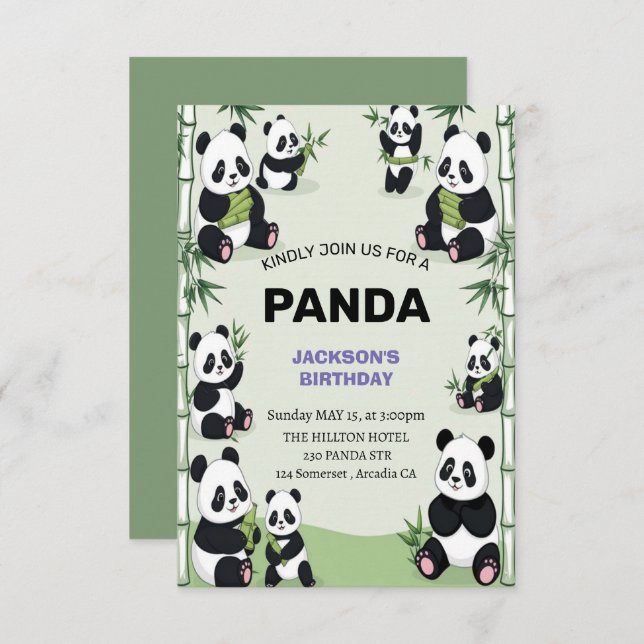 Invitation anniversaire de panda mignon et ludique (Devant / Derrière)