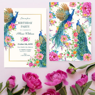 Invitation Anniversaire de paon de fleurs artistiques