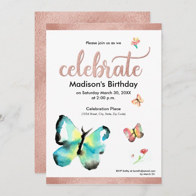 Invitation Anniversaire de papillon d'aquarelle personnalisée (Devant / Derrière)