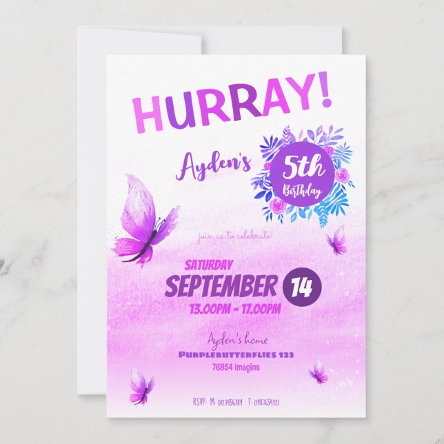 Invitation Anniversaire de papillon d'aquarelle violette magi (Devant)