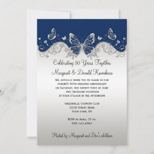 Invitation Anniversaire de papillons argentés de marine 25ème