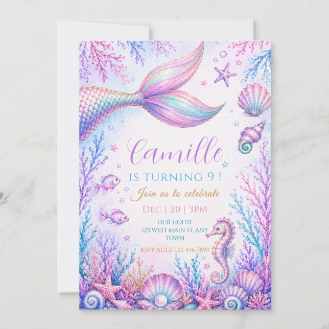 Invitation Anniversaire de Pastel Sirène sous la Mer (Devant)