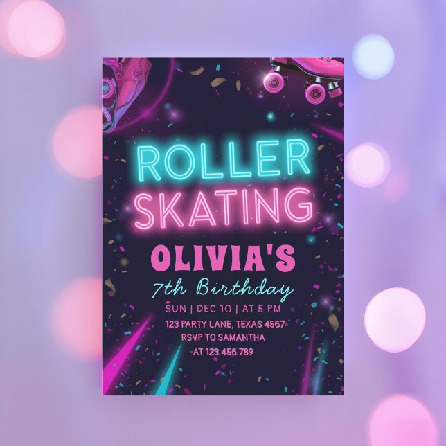 Invitation Anniversaire de patin à roulettes Glow Roller | Fê (Créateur téléchargé)