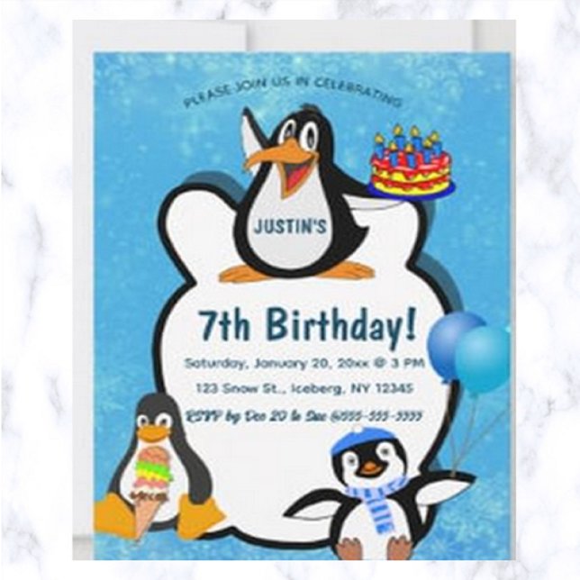 Invitation Anniversaire de Pengouins éditable dans la Neige (Créateur téléchargé)