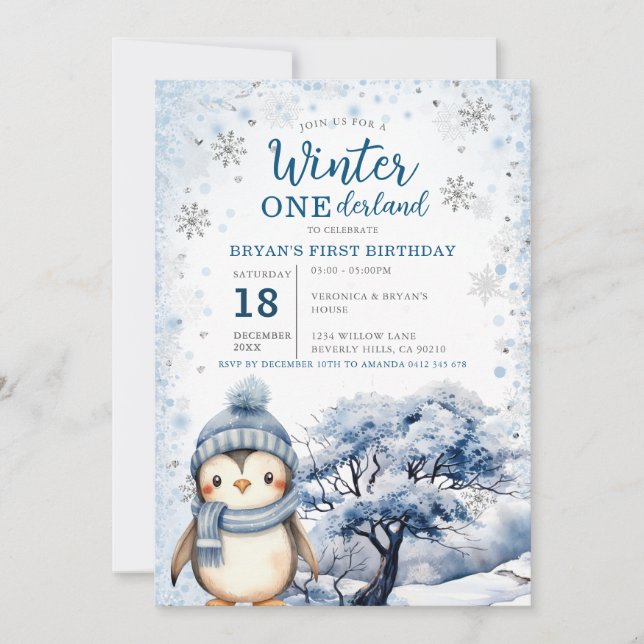 Invitation Anniversaire de Penguin Winter Onederland Animaux  (Devant)
