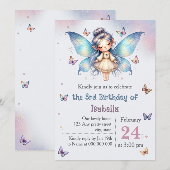 Invitation Anniversaire de petite fée adorable (Devant / Derrière)