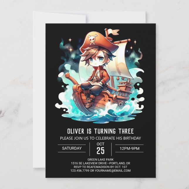 Invitation Anniversaire de pirates imprimés enchantés (Devant)