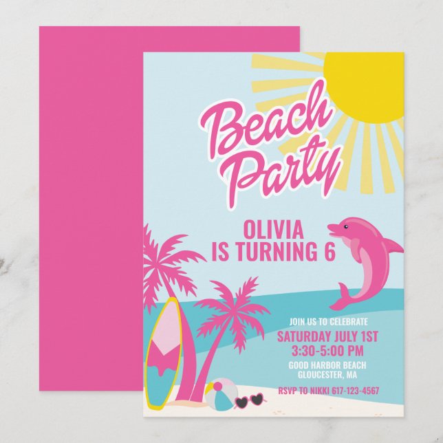 Invitation Anniversaire de plage rose à Malibu (Devant / Derrière)