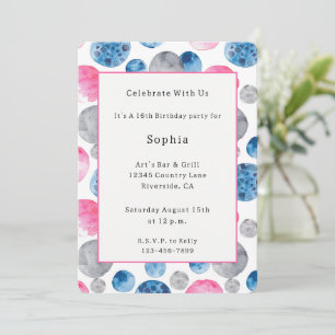 Invitation Anniversaire de points rose bleu gris fantaisiste