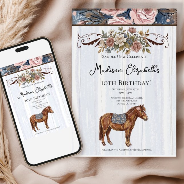Invitation Anniversaire de Poney ( This charming theme combines the elegance of French country décor with whimsical pony illustrations)