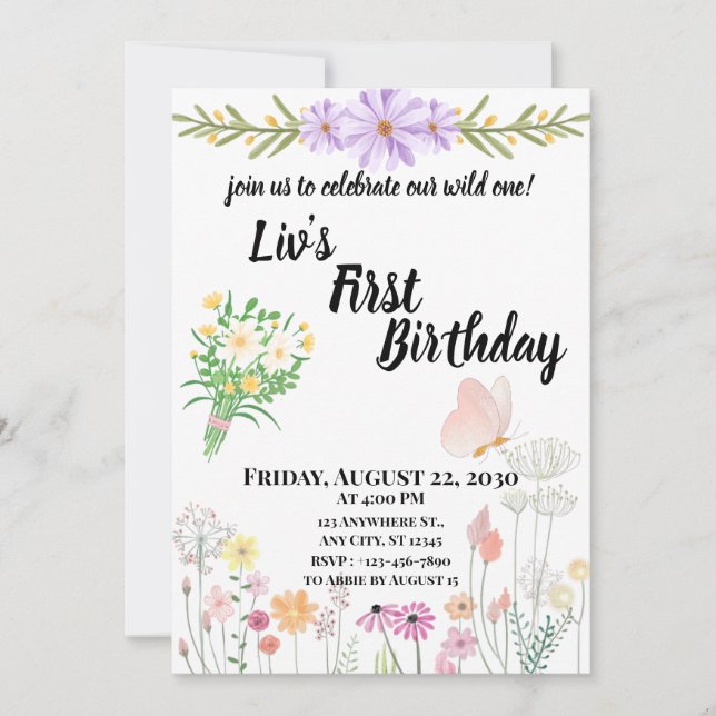 Invitation Anniversaire de premier an Wildflower Wild One (Devant)