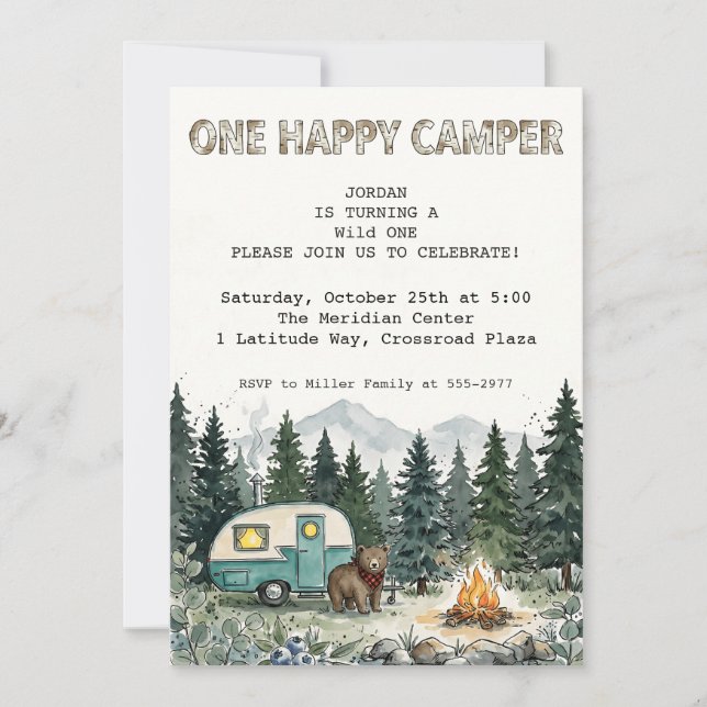Invitation Anniversaire de premier anniversaire de camping Te (Devant)