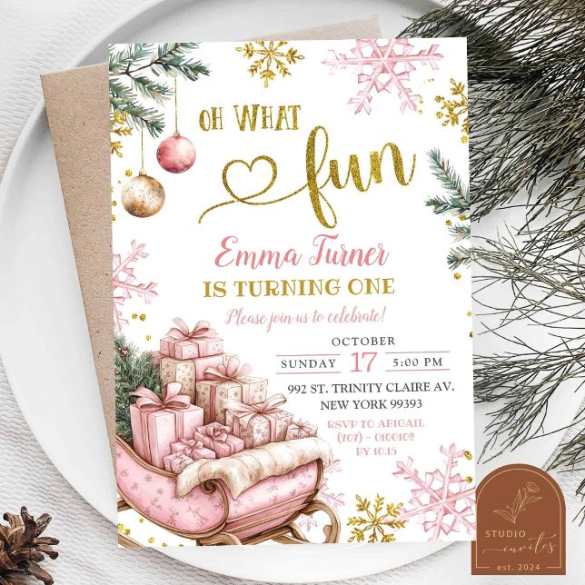 Invitation Anniversaire de premier hiver avec traîneau rose  (Créateur téléchargé)