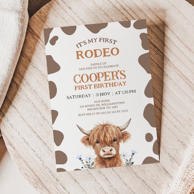 Invitation Anniversaire de premier rodéo de vache Highland Br (First Rodeo First Birthday Invitation, Highland Cow 1st Birthday Invitation, Boy 1st Birthday Invite)