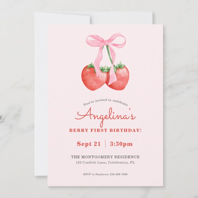 Invitation Anniversaire de première année à la fraise aquarel (Devant)