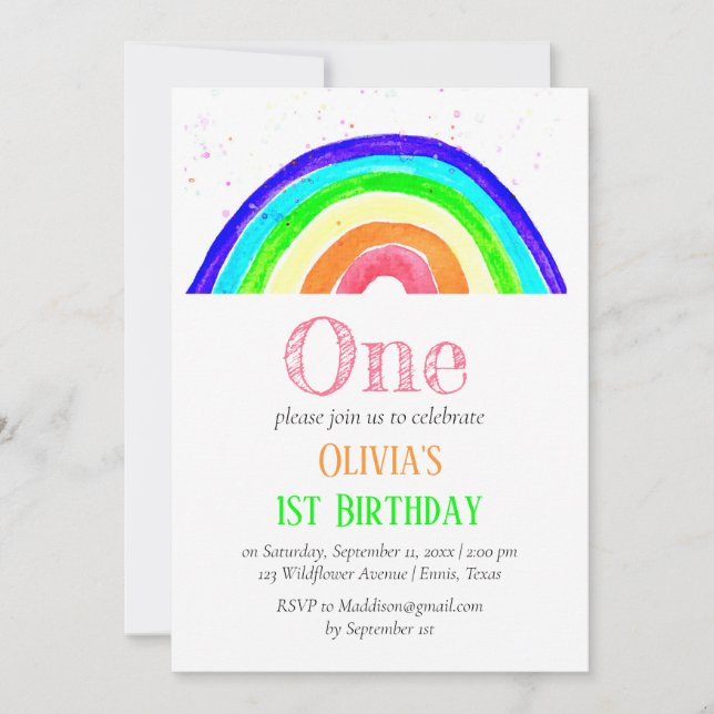 Invitation Anniversaire de première année Girly Rainbow Aquar (Devant)