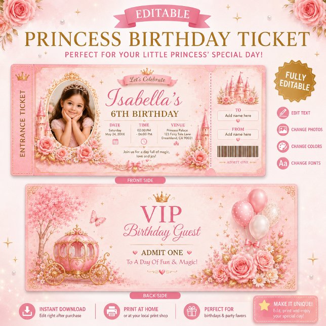 Invitation anniversaire de princesse modifiable so (Créateur téléchargé)